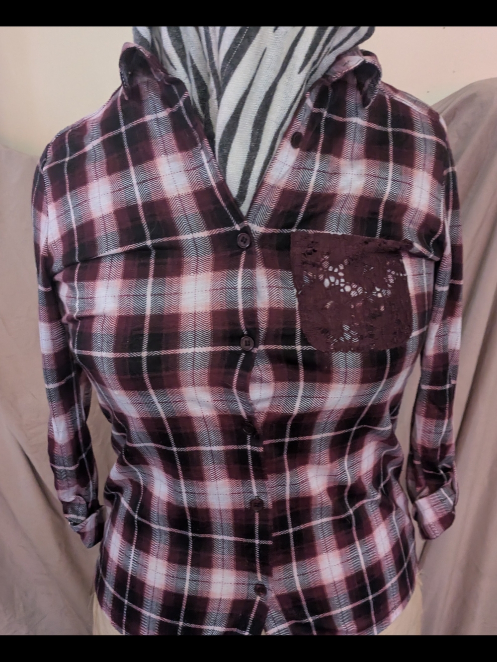 Women's Burgundy Plaid Button-Down Shirt with Crochet Pocket
